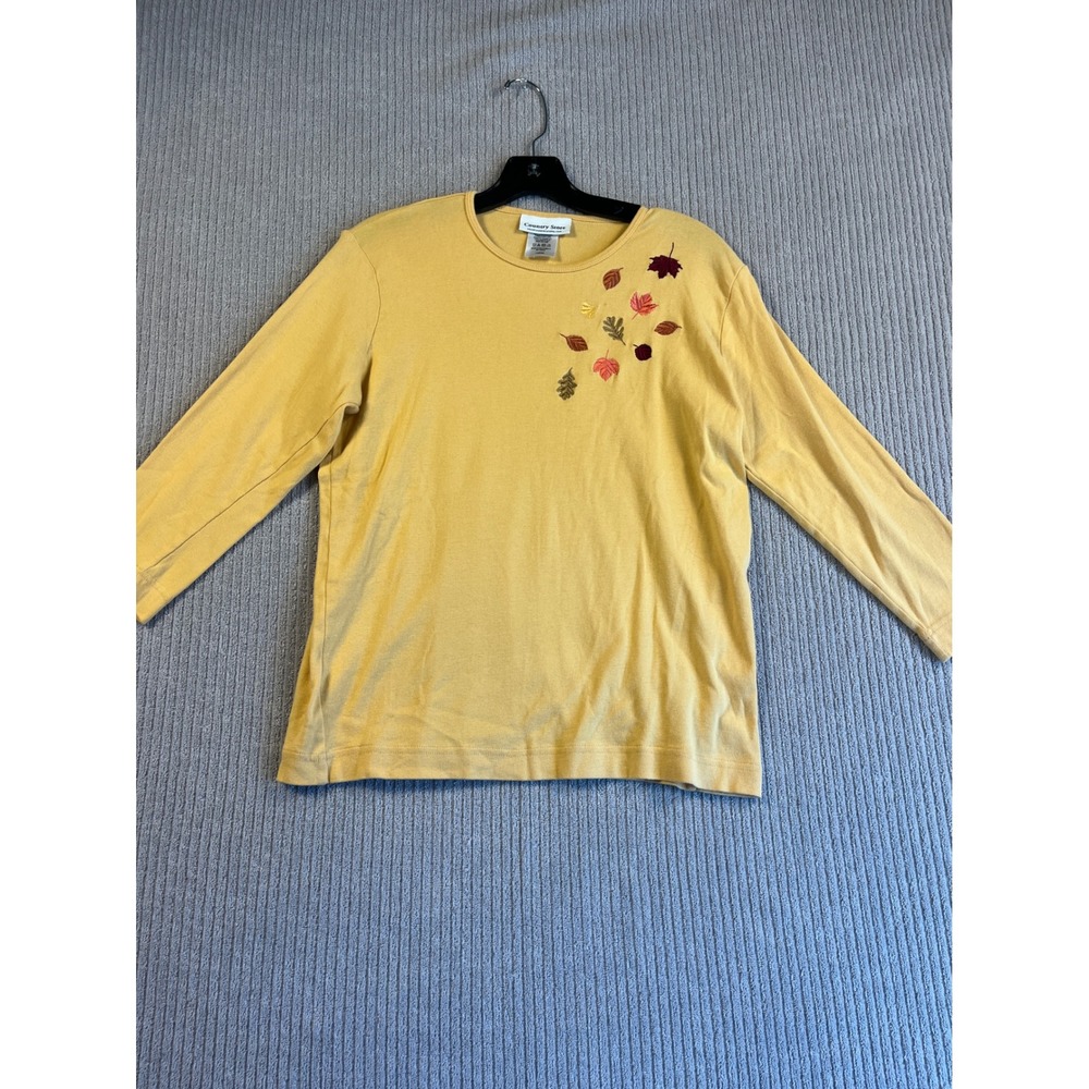 Country Store Top Womens L Fall Theme Yellow Embroidered Leaves Long Sleeve EUC